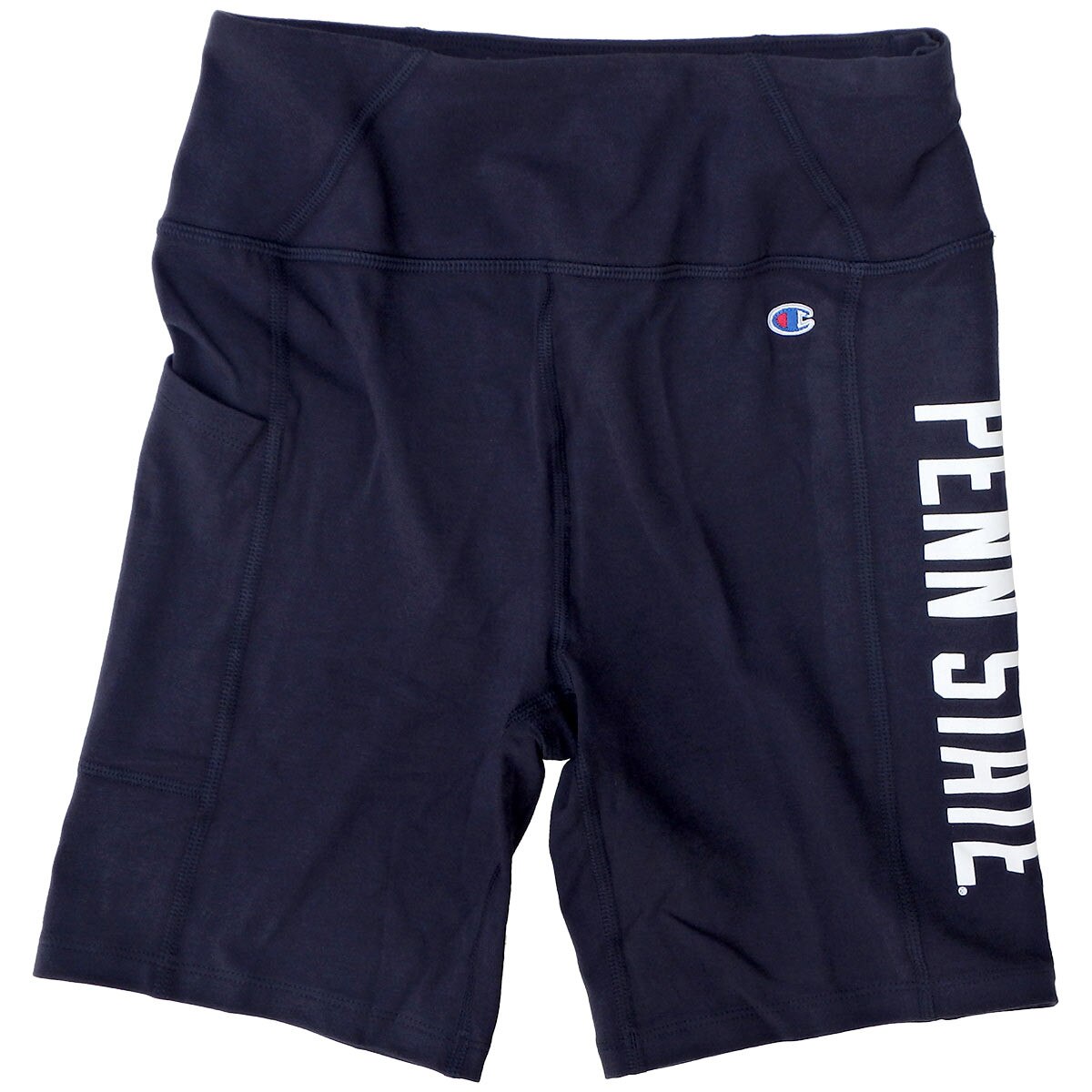 women's navy blue biker shorts with white Penn State down left leg